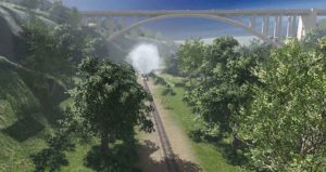 Der Rheingold fährt unter der A60 Brücke durch - Ingame Spielegrafik